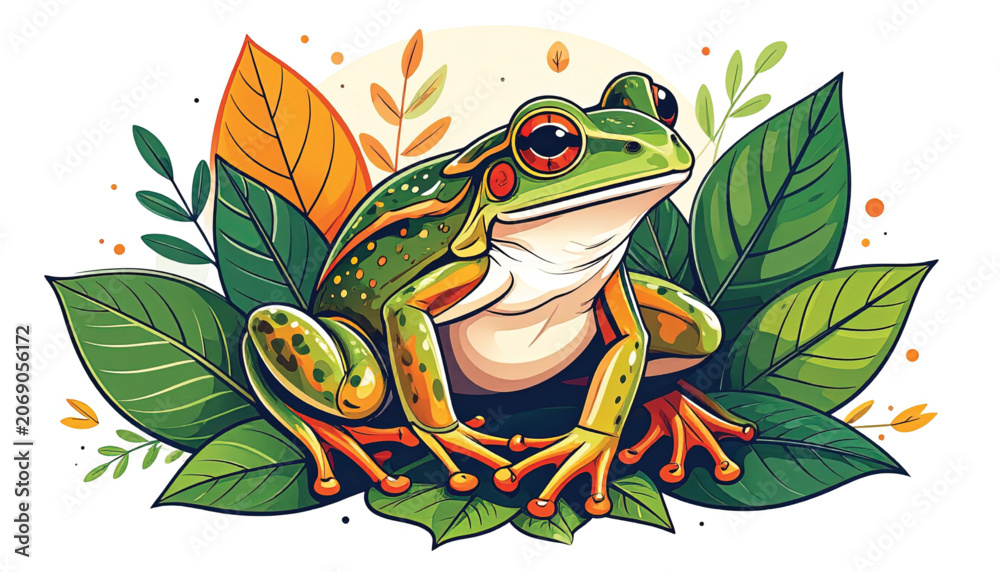 Fototapeta premium Green Frog Sitting on Leaves Outdoors.