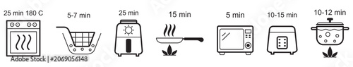 Fotografija Kitchen appliance line icon set with temperature and timer symbols for cooking