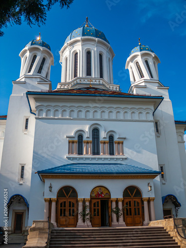 Building in Chernivtsi, Ukraine shows unique architecture and blue sky on a bright day