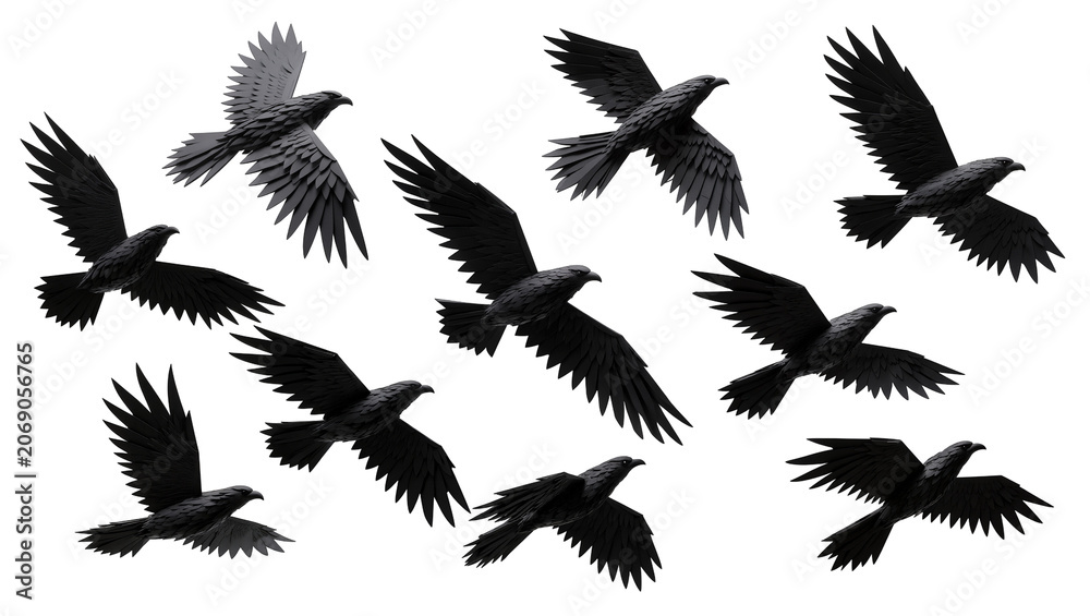 Obraz premium Flock of black birds in flight, isolated on transparent background