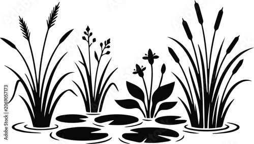Wetland Reed and Cattail Silhouette Collection, Pond Grass and Water Lily Vector Set .