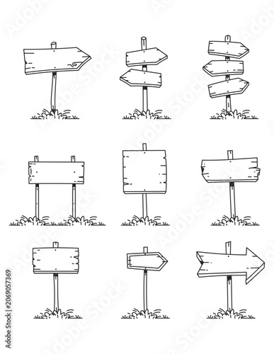 Wooden Signboard Doodles Set Retro Hand Drawn Arrow Direction Blank Board Elements