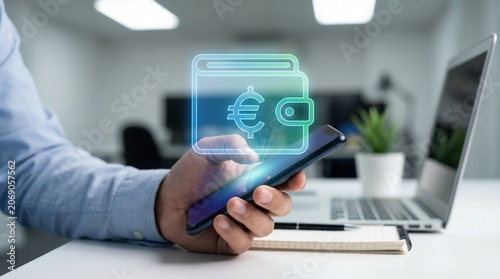 Mobile phone with digital wallet icon showing online ecommerce for small business accounting and expenses organization