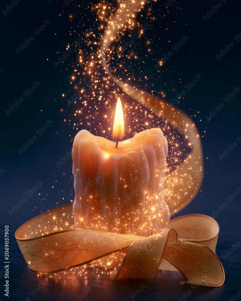 Fototapeta premium A glowing candle radiates warm light with sparkling particles swirling around it, accompanied by an elegant golden ribbon, ideal for festive occasions and decorative purposes.