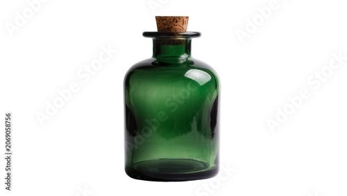 Dark green glass apothecary bottle with cork stopper, isolated on transparent background
