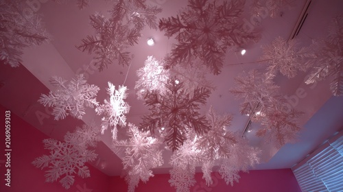 Numerous decorative crystalline shapes dangle from an illuminated interior ceiling surface