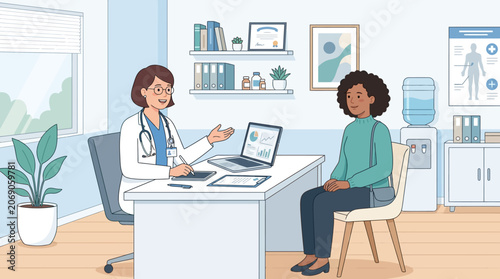 Doctor consulting patient in medical office, health care concept illustration