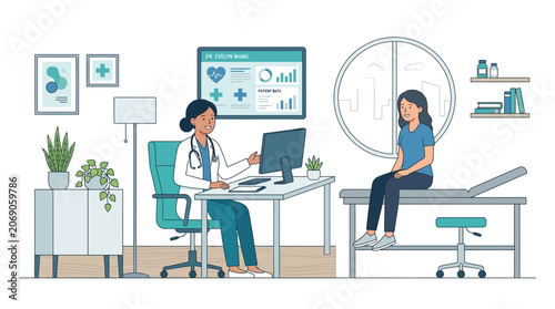 Doctor consulting patient in medical office, health care concept