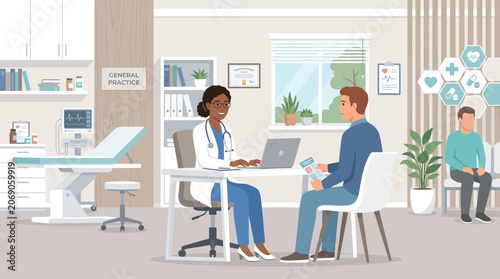 Doctor consulting patient in medical office, health checkup concept
