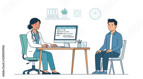 Doctor consulting patient in medical office, healthcare illustration