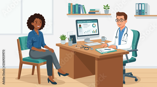 Doctor consulting patient in office illustration