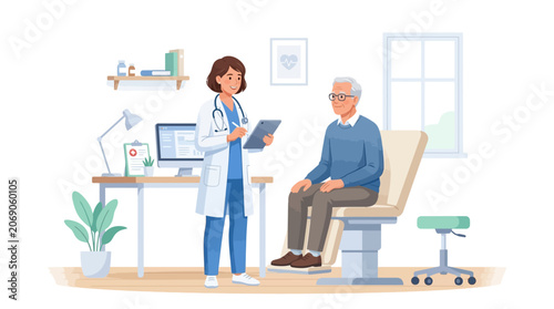 Doctor consulting senior patient in clinic, healthcare concept
