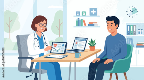Doctor consulting patient's health record in clinic office