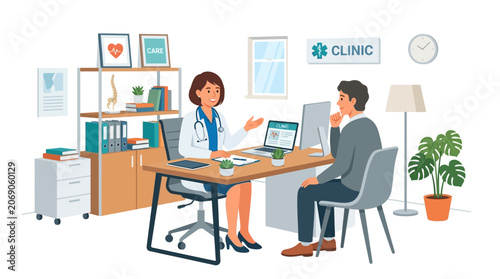 Doctor consults patient in clinic office, healthcare illustration