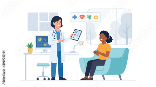 Doctor consults patient with health data on digital tablet in office