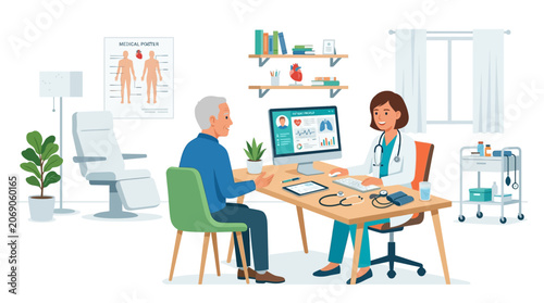 Doctor consults senior patient in modern medical office