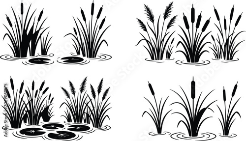 Wetland Reed and Cattail Silhouette Collection, Pond Grass and Water Lily Vector Set .