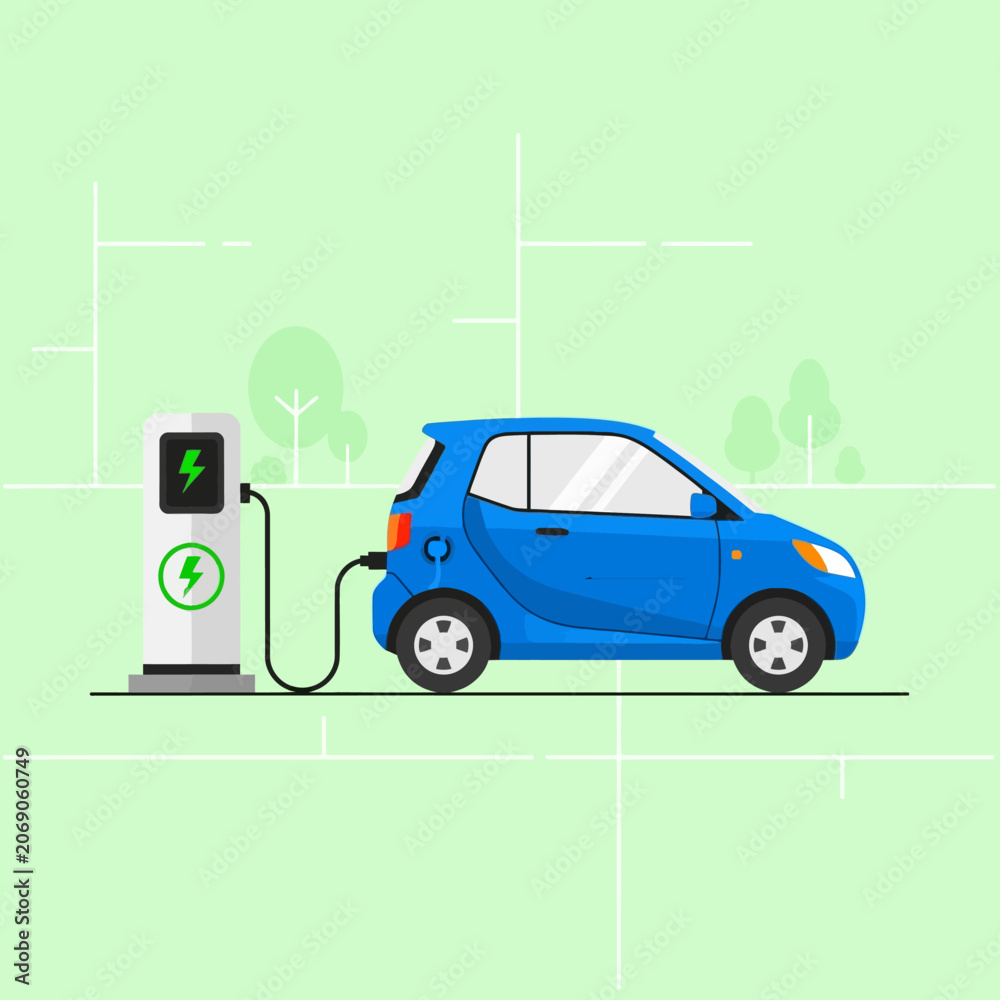 Naklejka premium Electric Blue Car Charging at Station, Clean Energy Concept