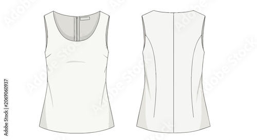 Ladies Round Neck Sleeveless Shell Top Technical Fashion Drawing Flat Sketch Front and Back Clothing