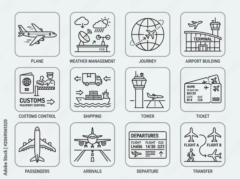Fototapeta premium Airplane Departure Travel Icons Set.