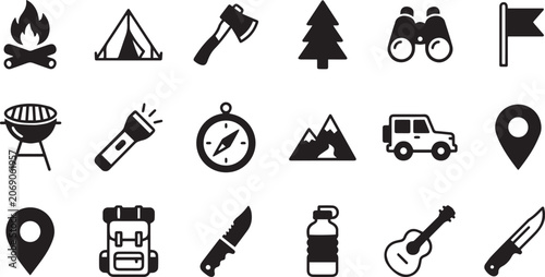 Camping and Outdoor Adventure Icons Set – Hiking, Camping, Navigation and Survival Vector Collection .