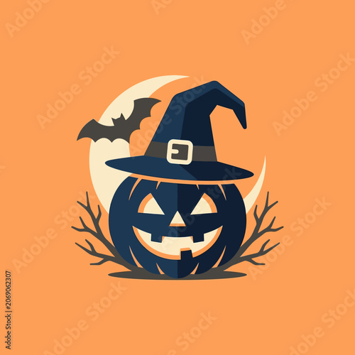 A spooky Halloween pumpkin wearing a dark witch hat
