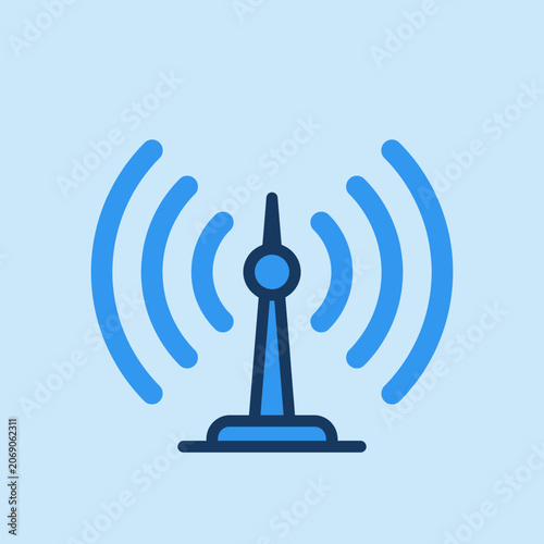 Blue radio tower icon emitting wireless signal waves