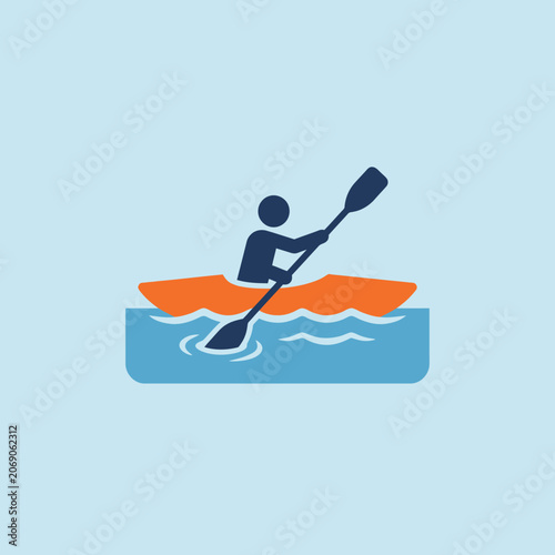 A person rowing an orange kayak on blue water waves