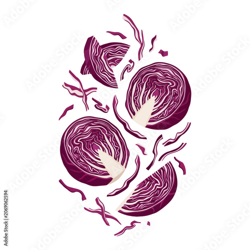 Tableau sur toile Fresh sliced red cabbage pieces on a white background