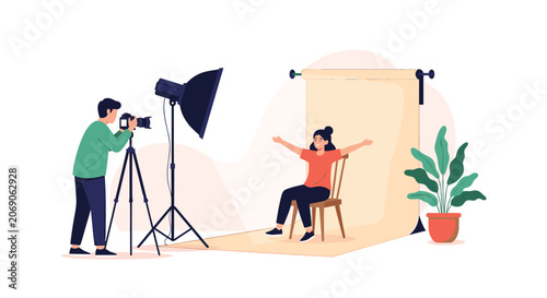 Professional photographer taking photos of happy female model posing on chair in photo studio with lighting gear flat vector illustration.