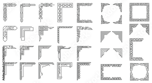 Large collection of geometric art deco corners and border frames in elegant black line vector illustration set.