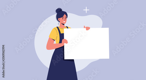 Happy cartoon girl holding a blank white presentation board with copy space for text or advertising message.