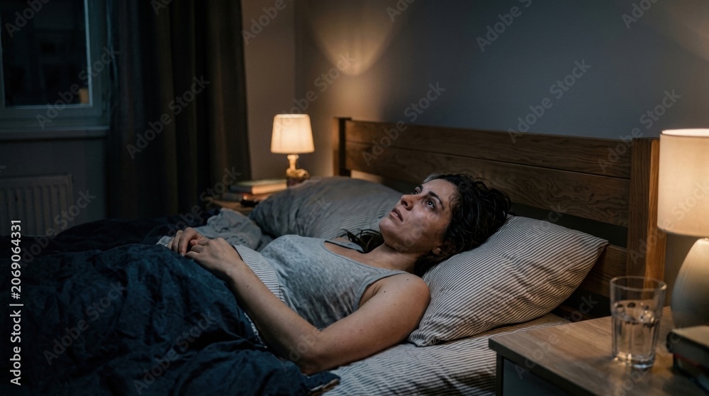Fototapeta premium Stressed woman suffering from lying awake in bed at dark night.