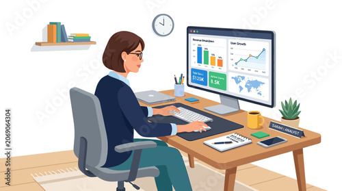 Businesswoman Working on Computer at Desk: Data Analysis Concept