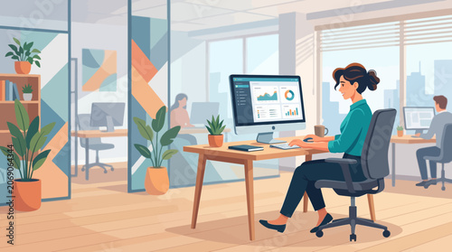 Businesswoman working on computer in modern office with financial data