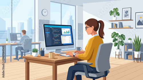 Businesswoman Working on Computer in Modern Office with Plants