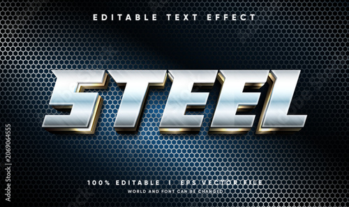 Steel metal 3D text effect vector template with metallic chrome texture
