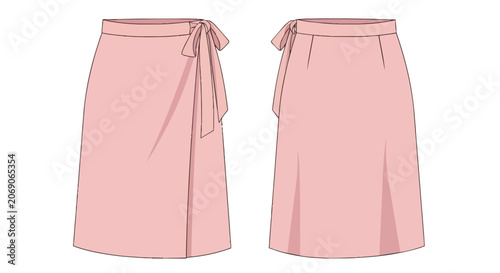 Ladies Pink Wrap Midi Skirt Technical Flat Sketch With Front And Back View, Stylish Bow Tie Waist Clothing Design