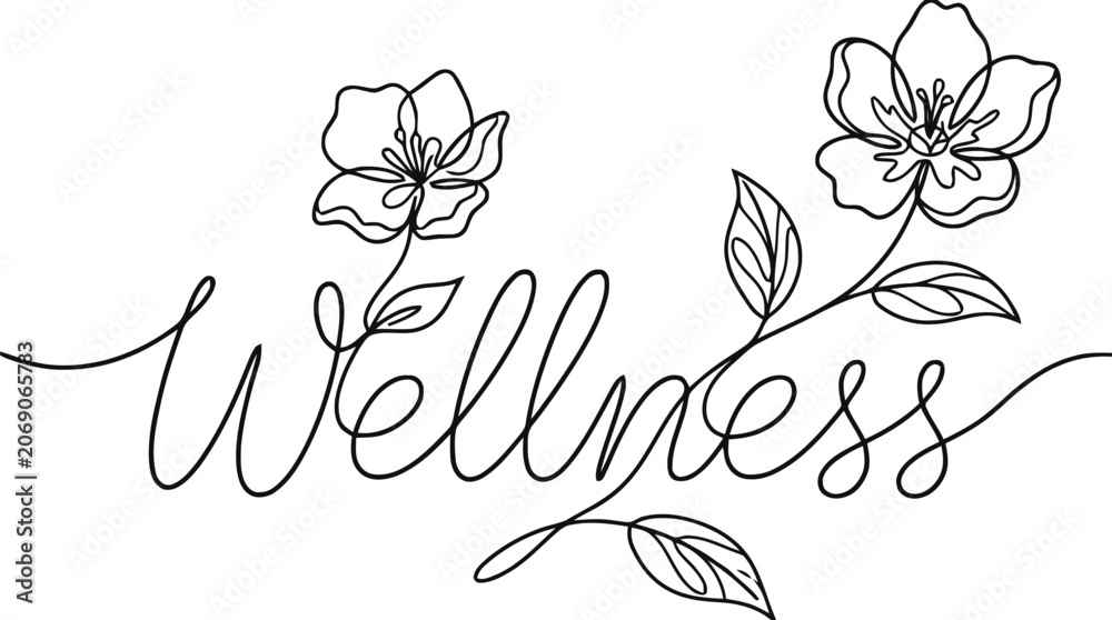Fototapeta premium Elegant hand-drawn wellness word with floral line art for branding and design.