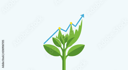 Partial minimalist flat illustration depicting green leaves and a blue