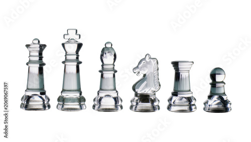 Fotografie Clear glass chess pieces including queen king bishop knight rook and pawn, isola