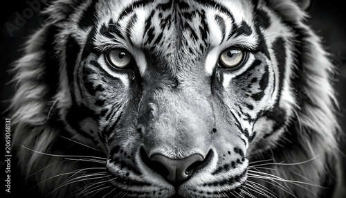 Intense White Tiger Staring Forward in Dramatic Monochrome Close Up