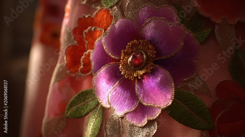 Ornate, textured floral embroidery featuring a central jewel detail captures the light.