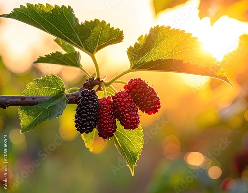 Sun-drenched berries hang from leafy branches, bathed in golden light