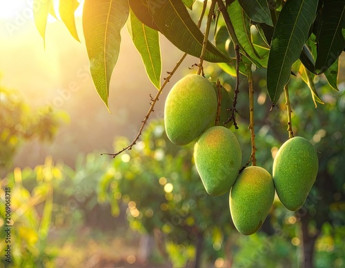 Unripe green mangoes dangle from a sun-drenched tree branch