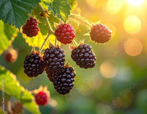 Ripe blackberries and raspberries glisten in warm, golden sunlight