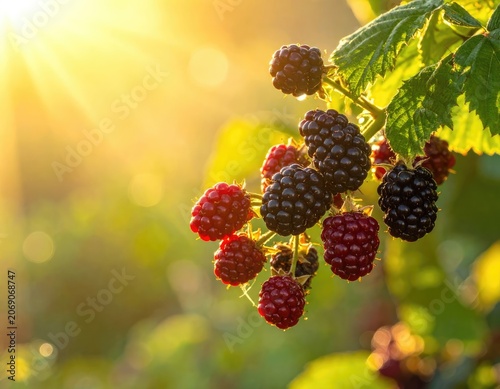Ripe dark and red berries glow in warm sunlight