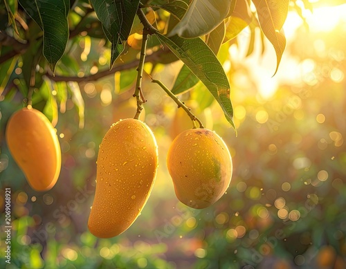 Ripe, dewy mangoes hang from a sun-drenched tree in soft, golden light