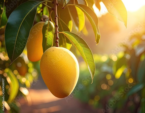 Ripe yellow mangoes hang from a branch, bathed in warm golden sunlight