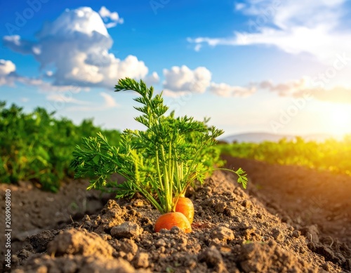 Sunlit field of vibrant green carrots growing in rich soil